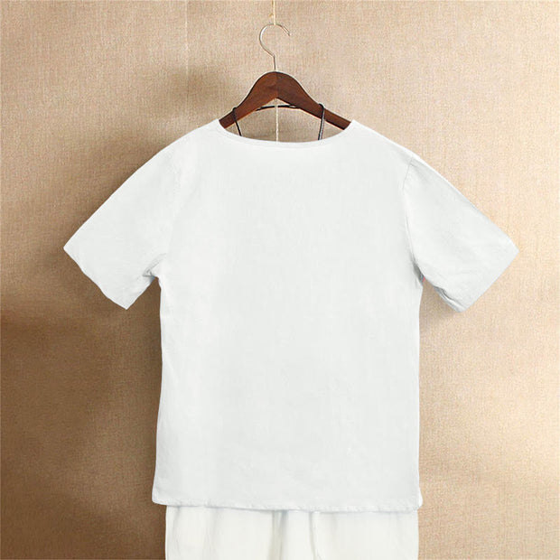 Buddha Stones Casual Summer Pure Color Jacquard Button Crew Neck Cotton Women's Short Sleeve T-Shirt