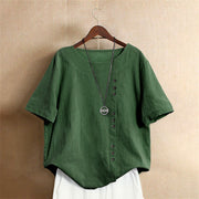 Buddha Stones Casual Summer Pure Color Jacquard Button Crew Neck Cotton Women's Short Sleeve T-Shirt