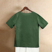 Buddha Stones Casual Summer Pure Color Jacquard Button Crew Neck Cotton Women's Short Sleeve T-Shirt