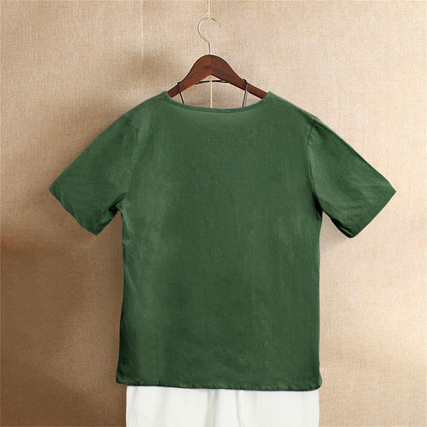 Buddha Stones Casual Summer Pure Color Jacquard Button Crew Neck Cotton Women's Short Sleeve T-Shirt