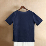 Buddha Stones Casual Summer Pure Color Jacquard Button Crew Neck Cotton Women's Short Sleeve T-Shirt