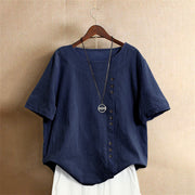 Buddha Stones Casual Summer Pure Color Jacquard Button Crew Neck Cotton Women's Short Sleeve T-Shirt