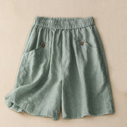 Buddha Stones Summer Casual Buttons Plain Cotton Women's Shorts With Pockets