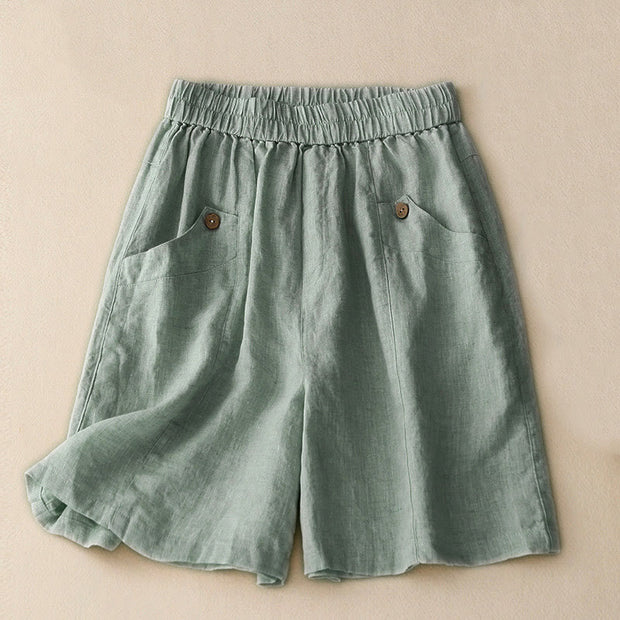 Buddha Stones Summer Casual Buttons Plain Cotton Women's Shorts With Pockets