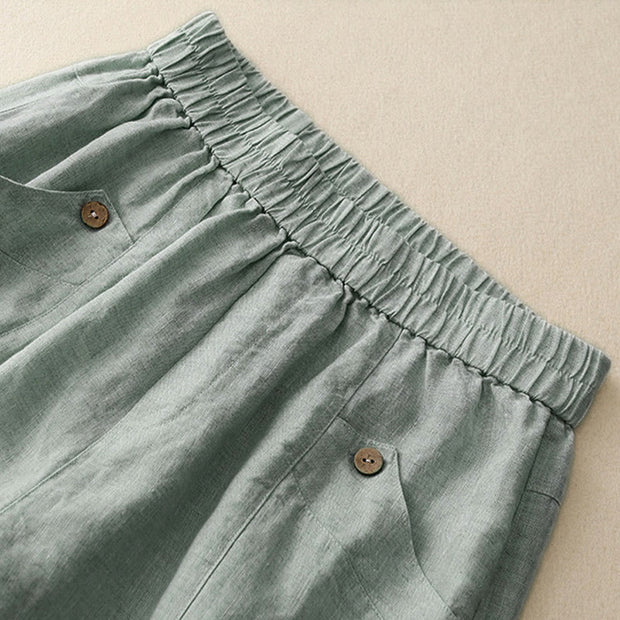 Buddha Stones Summer Casual Buttons Plain Cotton Women's Shorts With Pockets