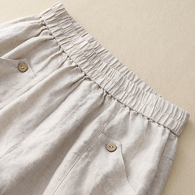 Buddha Stones Summer Casual Buttons Plain Cotton Women's Shorts With Pockets