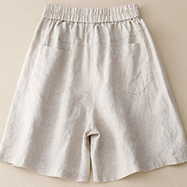 Buddha Stones Summer Casual Buttons Plain Cotton Women's Shorts With Pockets