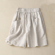Buddha Stones Summer Casual Buttons Plain Cotton Women's Shorts With Pockets