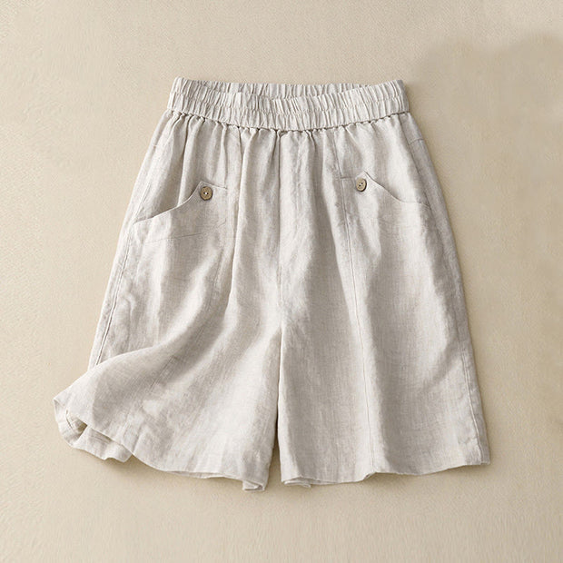 Buddha Stones Summer Casual Buttons Plain Cotton Women's Shorts With Pockets