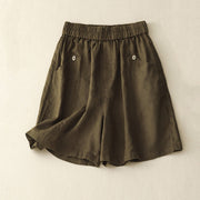 Buddha Stones Summer Casual Buttons Plain Cotton Women's Shorts With Pockets