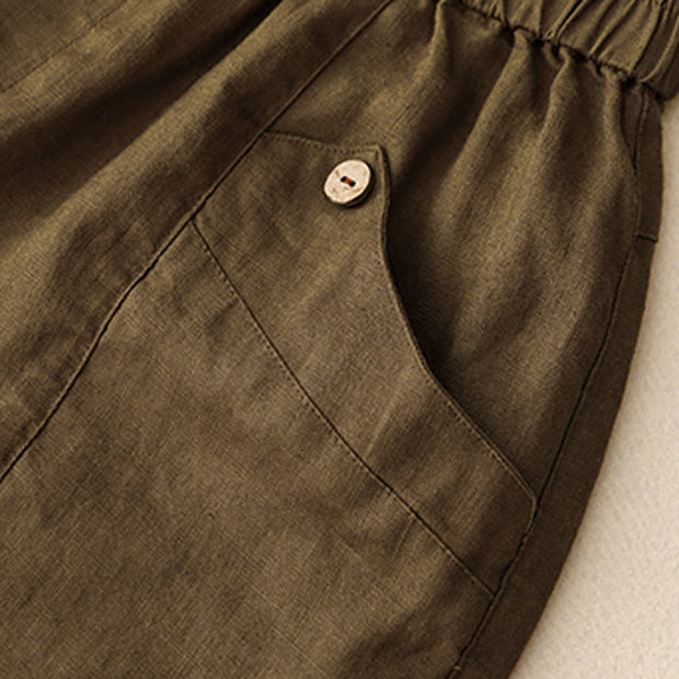 Buddha Stones Summer Casual Buttons Plain Cotton Women's Shorts With Pockets