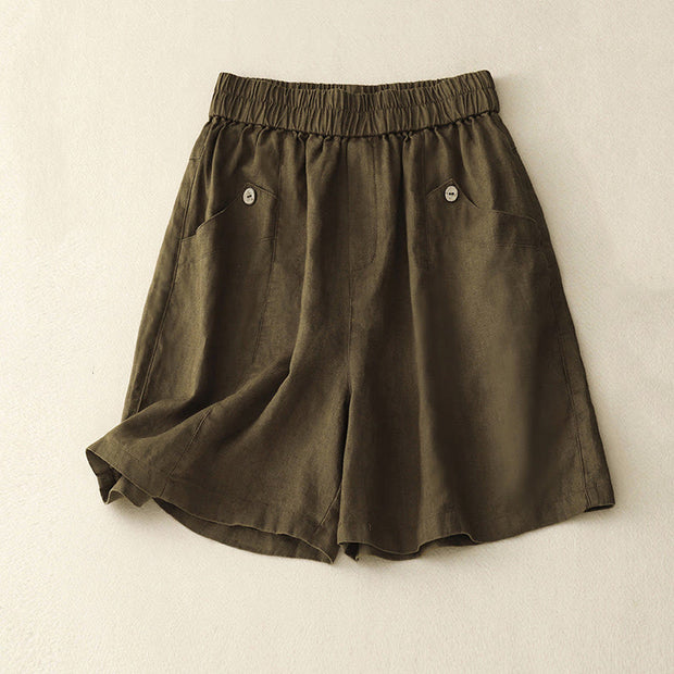 Buddha Stones Summer Casual Buttons Plain Cotton Women's Shorts With Pockets