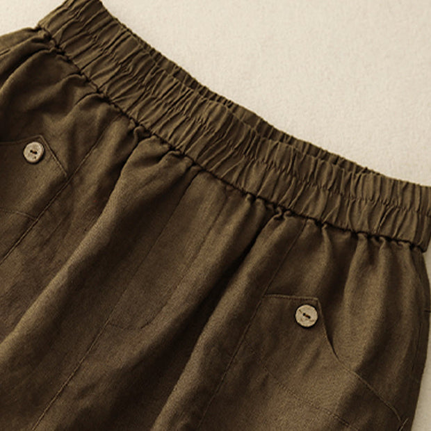 Buddha Stones Summer Casual Buttons Plain Cotton Women's Shorts With Pockets