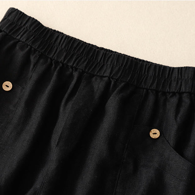 Buddha Stones Summer Casual Buttons Plain Cotton Women's Shorts With Pockets