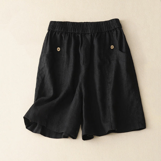 Buddha Stones Summer Casual Buttons Plain Cotton Women's Shorts With Pockets