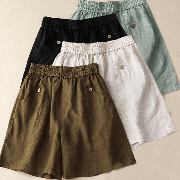 Buddha Stones Summer Casual Buttons Plain Cotton Women's Shorts With Pockets
