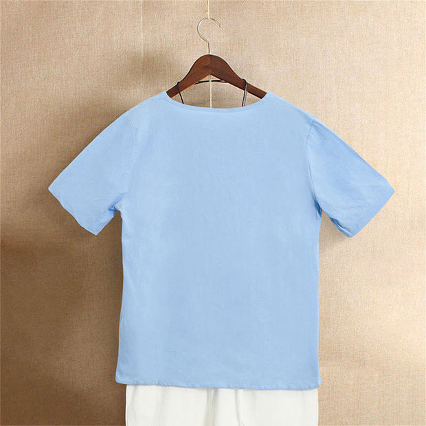 Buddha Stones Casual Summer Pure Color Jacquard Button Crew Neck Cotton Women's Short Sleeve T-Shirt