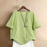 Buddha Stones Casual Summer Pure Color Jacquard Button Crew Neck Cotton Women's Short Sleeve T-Shirt