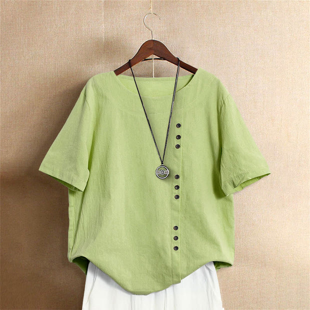Buddha Stones Casual Summer Pure Color Jacquard Button Crew Neck Cotton Women's Short Sleeve T-Shirt