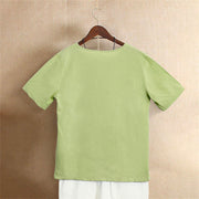 Buddha Stones Casual Summer Pure Color Jacquard Button Crew Neck Cotton Women's Short Sleeve T-Shirt