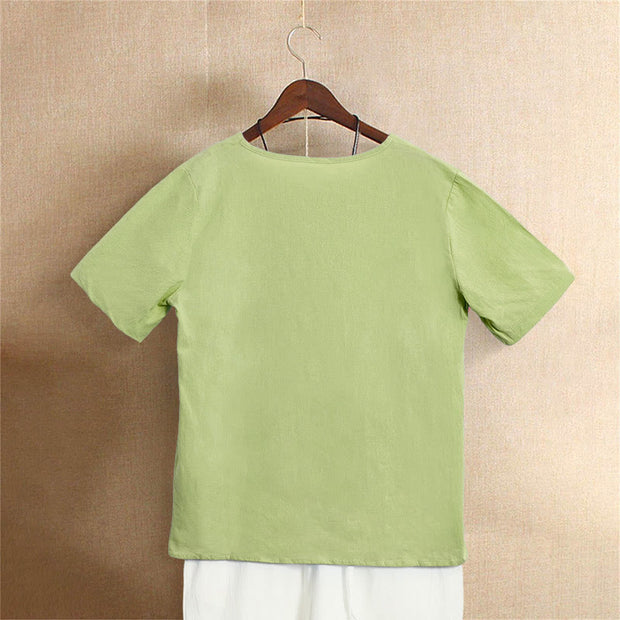 Buddha Stones Casual Summer Pure Color Jacquard Button Crew Neck Cotton Women's Short Sleeve T-Shirt