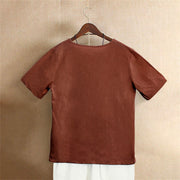 Buddha Stones Casual Summer Pure Color Jacquard Button Crew Neck Cotton Women's Short Sleeve T-Shirt