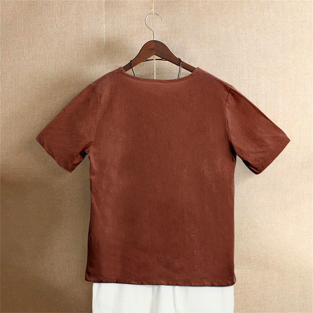 Buddha Stones Casual Summer Pure Color Jacquard Button Crew Neck Cotton Women's Short Sleeve T-Shirt