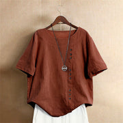 Buddha Stones Casual Summer Pure Color Jacquard Button Crew Neck Cotton Women's Short Sleeve T-Shirt