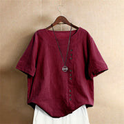 Buddha Stones Casual Summer Pure Color Jacquard Button Crew Neck Cotton Women's Short Sleeve T-Shirt