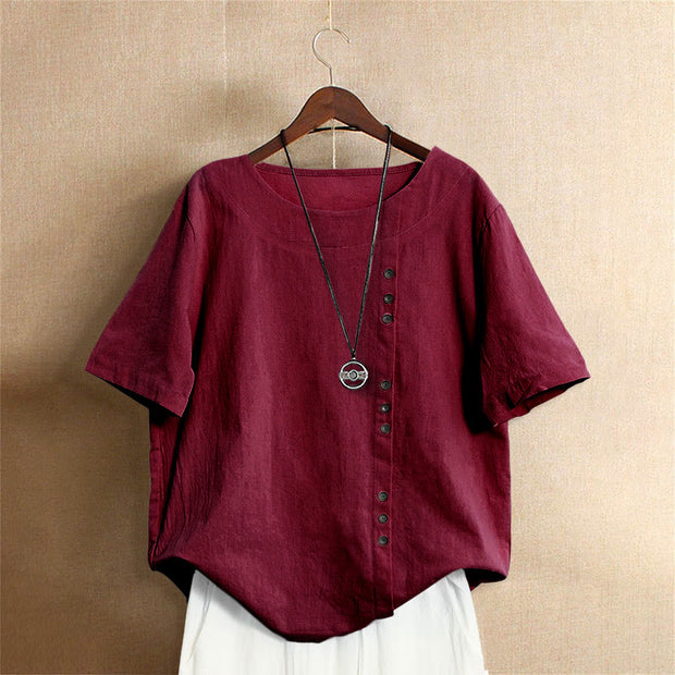 Buddha Stones Casual Summer Pure Color Jacquard Button Crew Neck Cotton Women's Short Sleeve T-Shirt