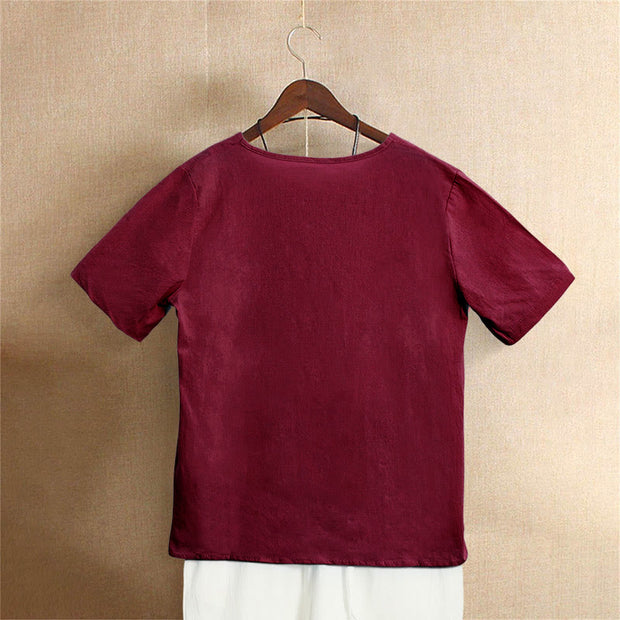 Buddha Stones Casual Summer Pure Color Jacquard Button Crew Neck Cotton Women's Short Sleeve T-Shirt