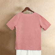 Buddha Stones Casual Summer Pure Color Jacquard Button Crew Neck Cotton Women's Short Sleeve T-Shirt