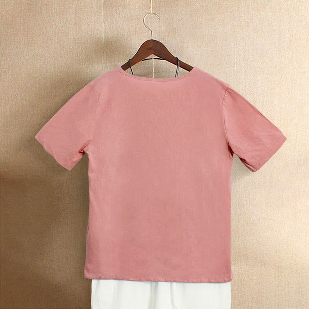 Buddha Stones Casual Summer Pure Color Jacquard Button Crew Neck Cotton Women's Short Sleeve T-Shirt