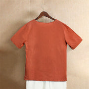 Buddha Stones Casual Summer Pure Color Jacquard Button Crew Neck Cotton Women's Short Sleeve T-Shirt