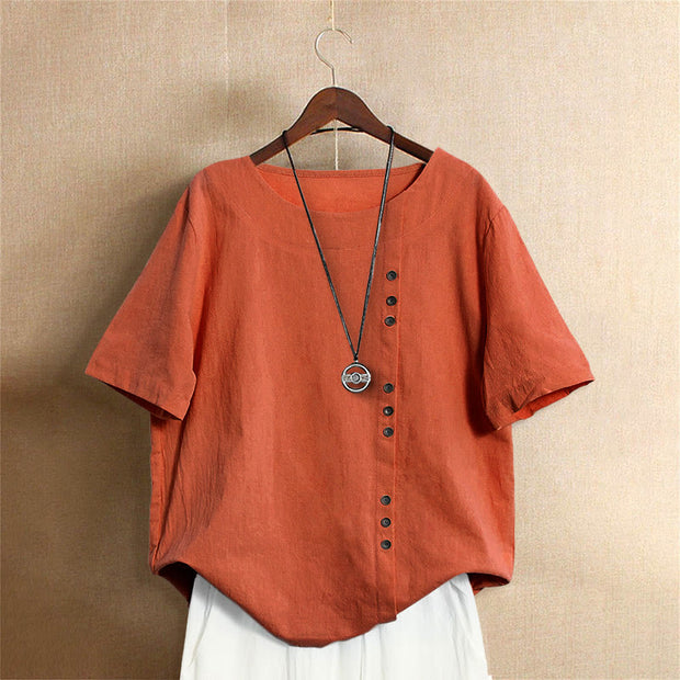 Buddha Stones Casual Summer Pure Color Jacquard Button Crew Neck Cotton Women's Short Sleeve T-Shirt