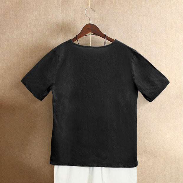 Buddha Stones Casual Summer Pure Color Jacquard Button Crew Neck Cotton Women's Short Sleeve T-Shirt