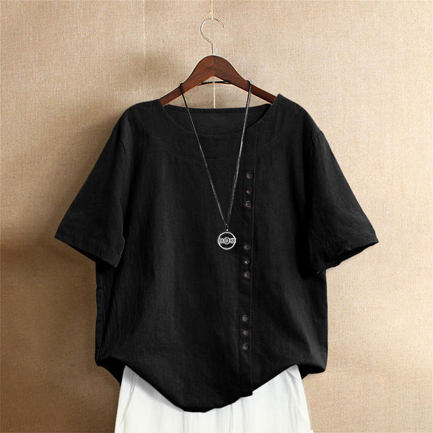 Buddha Stones Casual Summer Pure Color Jacquard Button Crew Neck Cotton Women's Short Sleeve T-Shirt