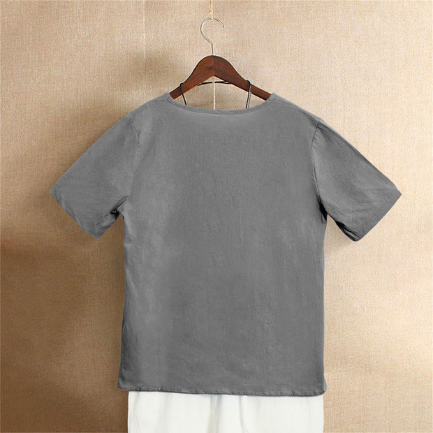 Buddha Stones Casual Summer Pure Color Jacquard Button Crew Neck Cotton Women's Short Sleeve T-Shirt