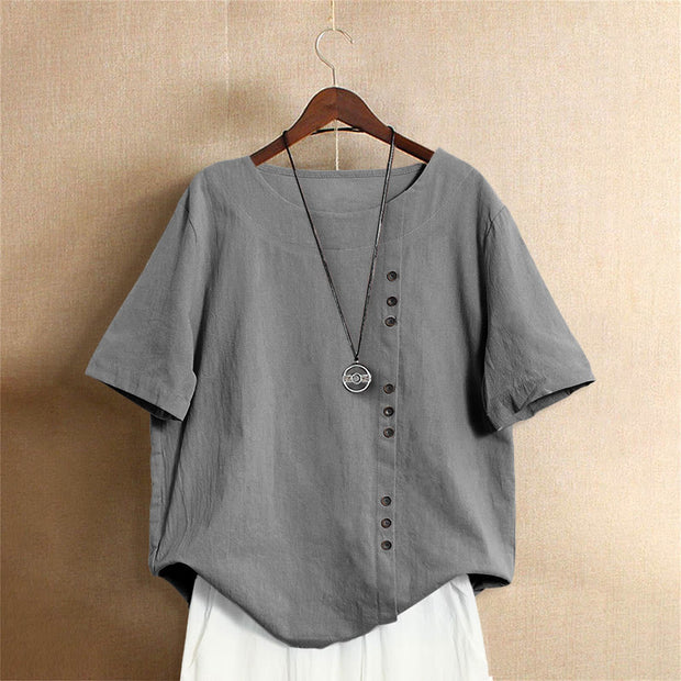 Buddha Stones Casual Summer Pure Color Jacquard Button Crew Neck Cotton Women's Short Sleeve T-Shirt