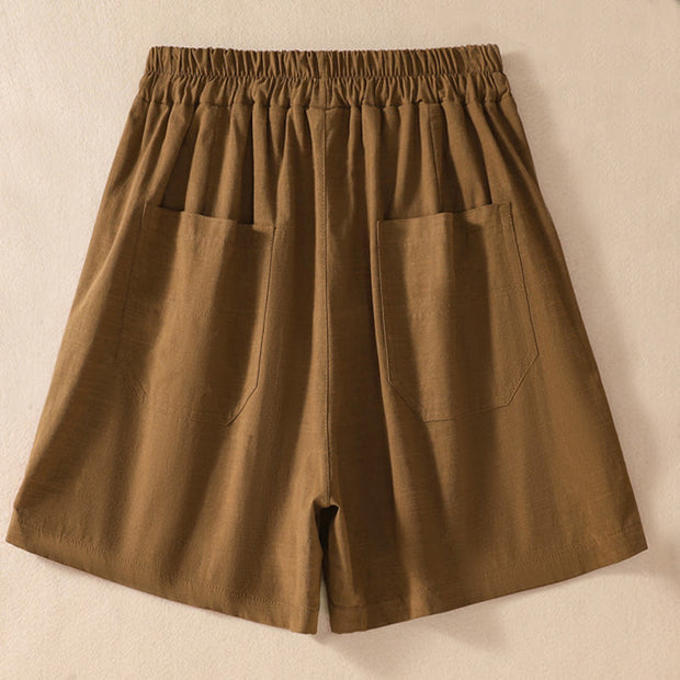 Buddha Stones Summer Casual Elastic Waist Plain Women's Polyester Shorts With Pockets