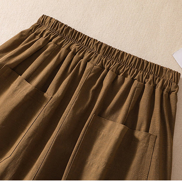 Buddha Stones Summer Casual Elastic Waist Plain Women's Polyester Shorts With Pockets