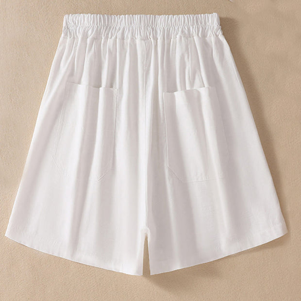 Buddha Stones Summer Casual Elastic Waist Plain Women's Polyester Shorts With Pockets