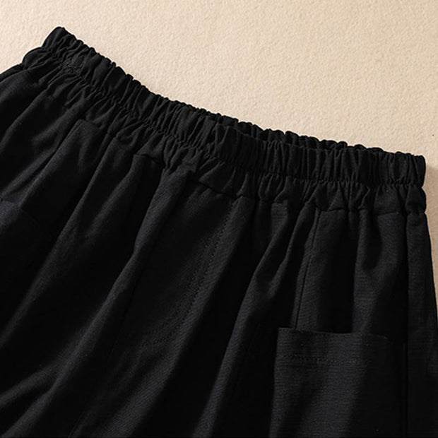 Buddha Stones Summer Casual Elastic Waist Plain Women's Polyester Shorts With Pockets
