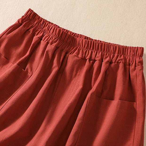Buddha Stones Summer Casual Elastic Waist Plain Women's Polyester Shorts With Pockets