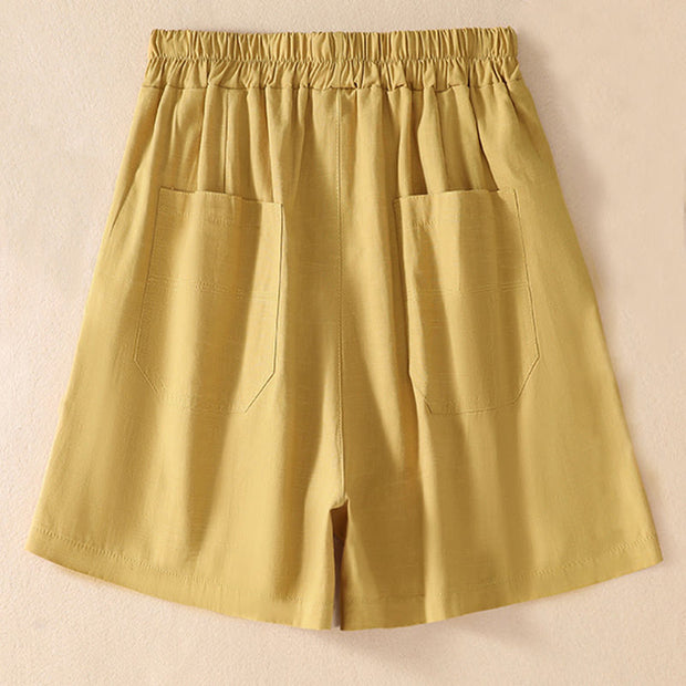 Buddha Stones Summer Casual Elastic Waist Plain Women's Polyester Shorts With Pockets
