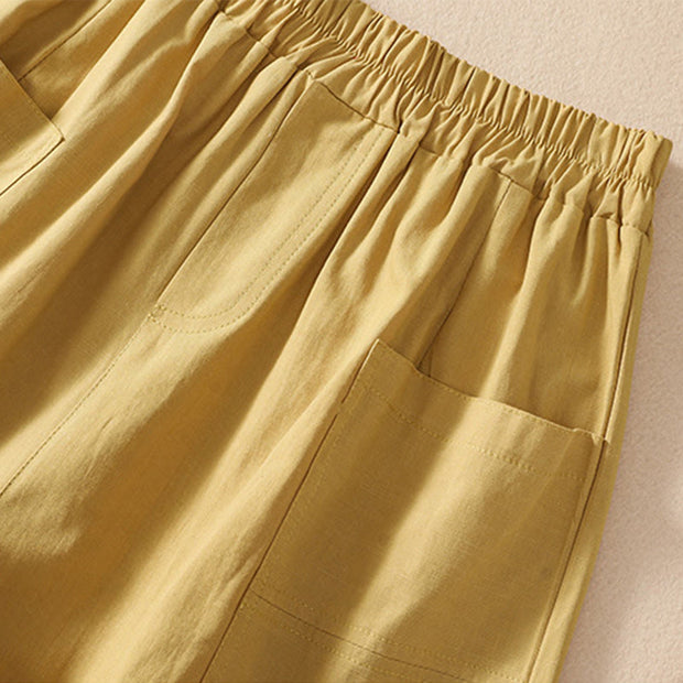 Buddha Stones Summer Casual Elastic Waist Plain Women's Polyester Shorts With Pockets
