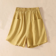 Buddha Stones Summer Casual Elastic Waist Plain Women's Polyester Shorts With Pockets