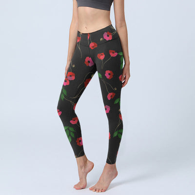 Buddha Stones Vibrant Red Flowers Green Leaves Print Gym Leggings Women's Yoga Pants - Black - US18，UK/AU22，EU50 (4XL) - image 1