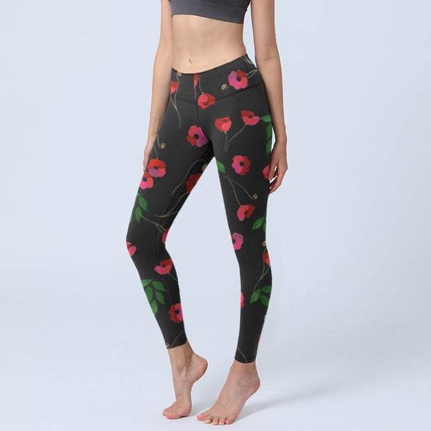 Buddha Stones Vibrant Red Flowers Green Leaves Print Gym Leggings Women's Yoga Pants - Black - US18，UK/AU22，EU50 (4XL) - image 1