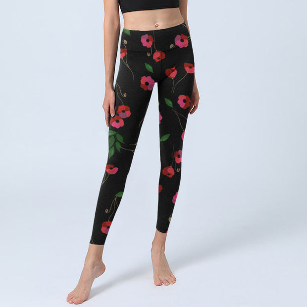 Buddha Stones Vibrant Red Flowers Green Leaves Print Gym Leggings Women's Yoga Pants - image 6